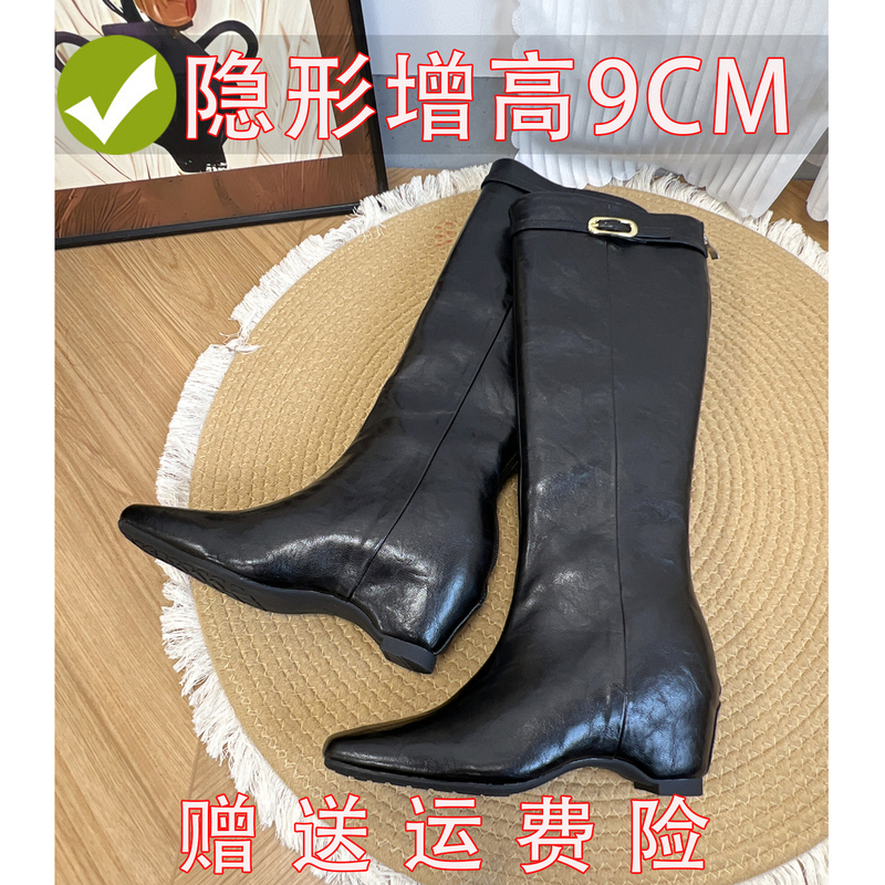 Genuine Leather Boots with 9cm Hidden Height Increase for Petite Women, Slim Fit, French Style, Elegant, Below the Knee Genuine Leather Boots with 9cm Hidden Height Increase for Petite Women, Slim Fit, French Style, Elegant, Below the Knee