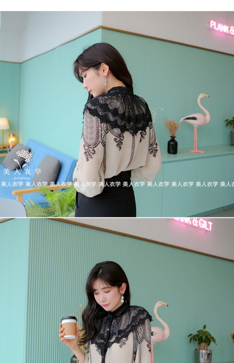 Áo sơ mi voan hoa nữ tay dài 2018 phiên bản Hàn Quốc mới của áo sơ mi ren lưới tay áo lưới tay áo sơ mi mùa thu áo sơ mi sọc nữ