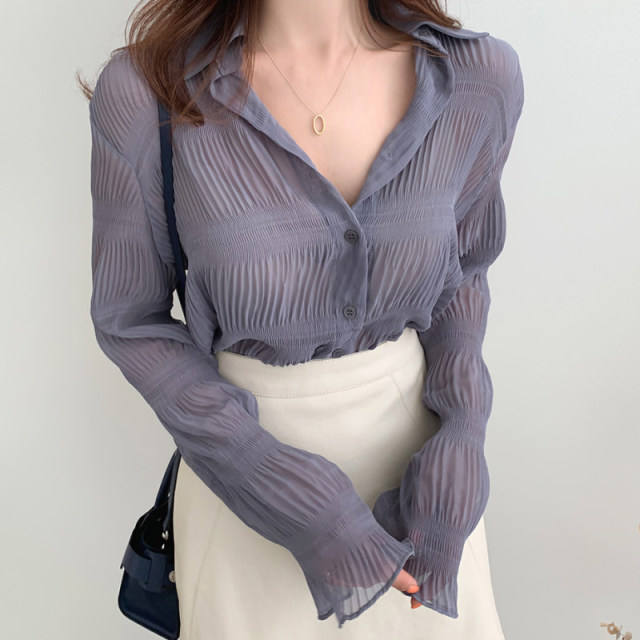 Chiffon shirt women's long-sleeved 2024 spring and summer slim slim and stylish shirt pleated fashion small shirt beautiful top