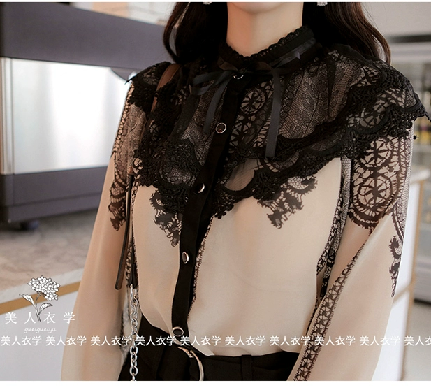 Áo sơ mi voan hoa nữ tay dài 2018 phiên bản Hàn Quốc mới của áo sơ mi ren lưới tay áo lưới tay áo sơ mi mùa thu