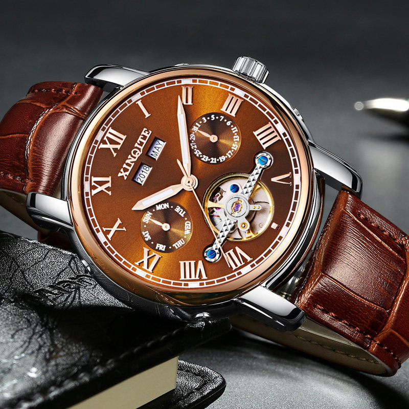 Flywheel Hand Watch Men's Fully Automatic Mechanical Watch True Leather Strap Fashion Hollowed-out Night Light Waterproof Large Dial Male Watch Function