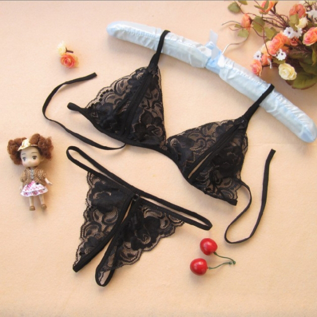 Black sexy lace pyjamas extremely seductive lace harness bra underpants female three-point fire lingerie suit-Taobao