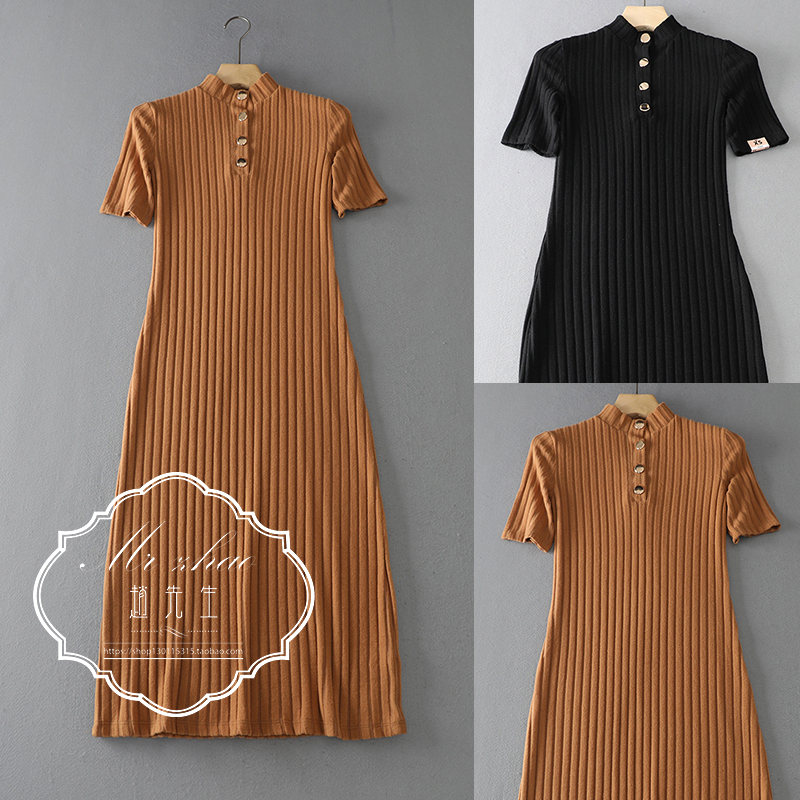 T1027-11 Gold Button Stand Collar Half-Button Short-Sleeve Slim-Fit Mid-Length Velvet-Feel Ribbed Knit Dress