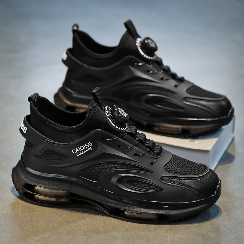 Black Warrior Men's Shoes Summer Air Cushion Shock-Absorbing Youth Running Mesh Sneakers with Rotating Buckle Height-Increasing Dad Shoes Trendy Shoes