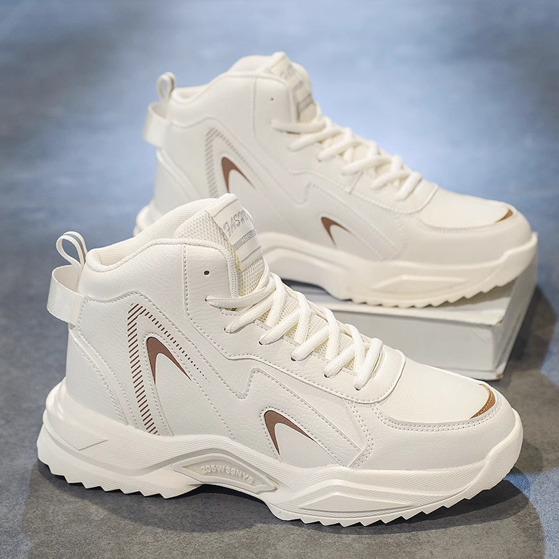 High-Top Men's Shoes, Winter Leather Waterproof Basketball Sneakers, Student Thick-Soled Height-Increasing Casual White Dad Running Shoes