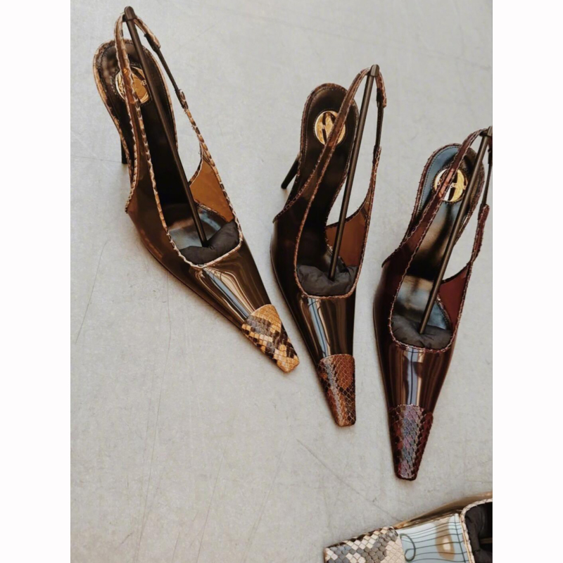 Small Square-Toe Thin High-Heeled Snakeskin Pattern Sandals for Women, Genuine Leather, New Autumn 26 Model, Metal Heel, High-End Open-Back Fashion Sandals