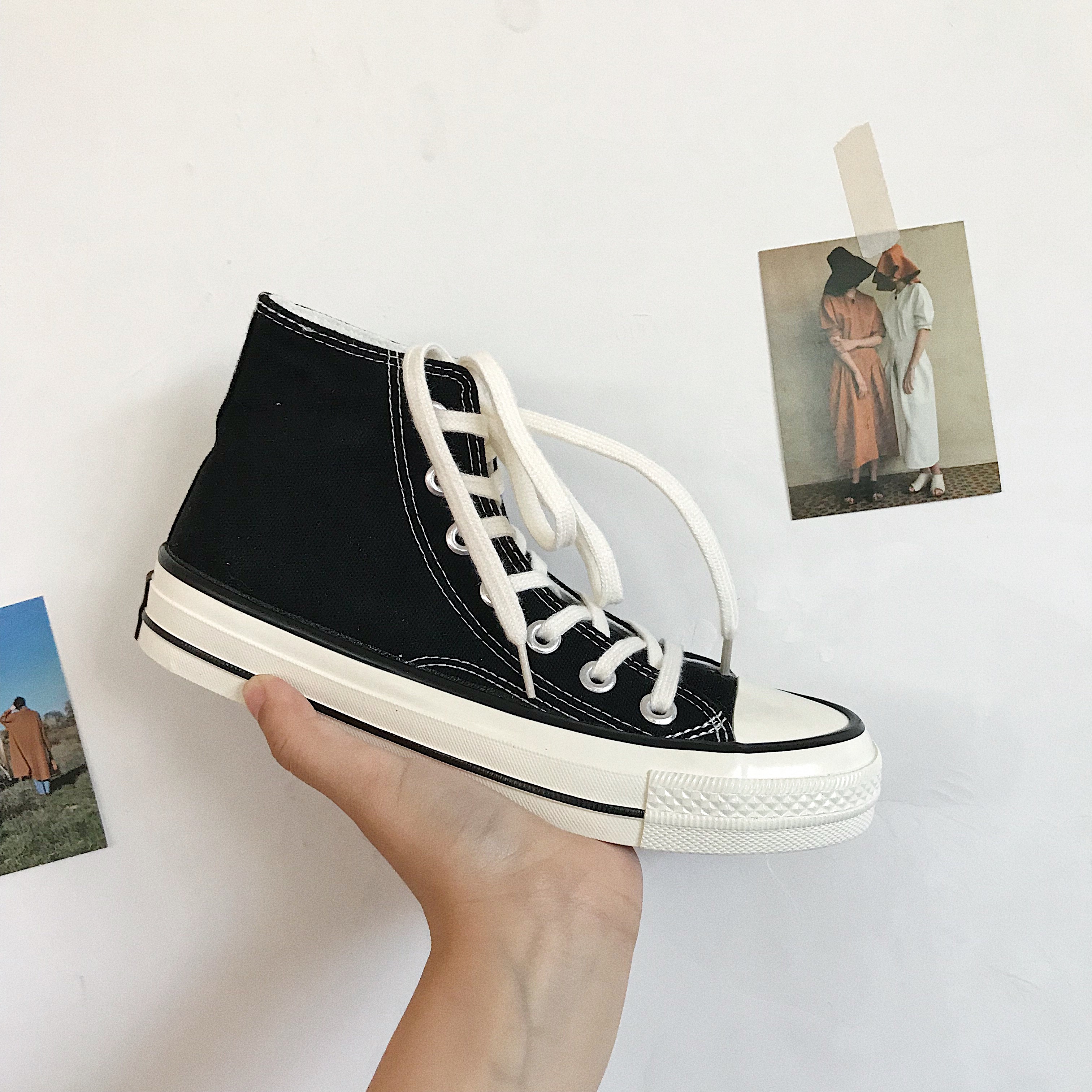 Mùa xuân mới 2019 giày vải cao mùa xuân giày nữ học sinh Phiên bản tiếng Hàn của giày đế bệt màu trắng thủy triều Harajuku giày sneaker nữ hot trend 2021