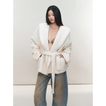 Pempl solid color, skin-friendly, tieable waist, slim short coat, loose large pocket design, short woolen fabric