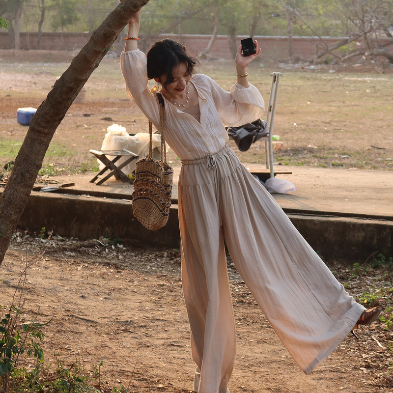 Flowing Fish Summer Cool King Pants Draped Cotton Linen Khaki Pants Vintage Artistic Ruffled Pleated Wide-Leg Pants