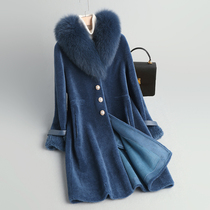 Autumn and winter new one-piece coat medium-long mother sheep shearing fur coat female fur fox fur collar granular velvet