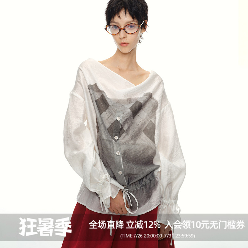 [Same Style as Zhang Yuxi] Andanything French Romantic Lace Knit Camisole Printed Shirt
