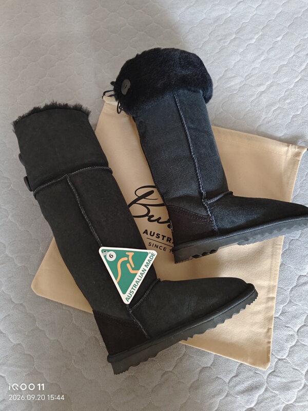 In Stock Australian High-Top Snow Boots, Black with Buckle, Handmade with Integrated Leather and Fur