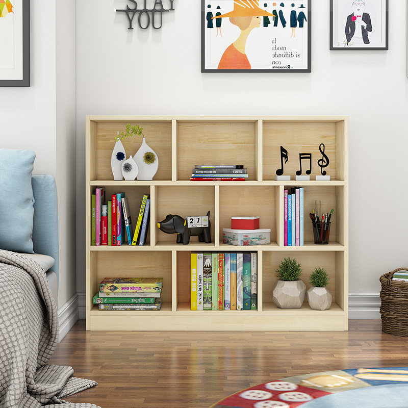 Solid wood children's pine bookcase bookshelf student classroom simple floor-to-ceiling varnish shelf lattice