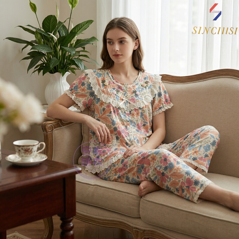 Xinqisi Genuine New Floral Short-Sleeved Long Pants Loungewear Women's Lace Trim Sweet Pajama Set 11520