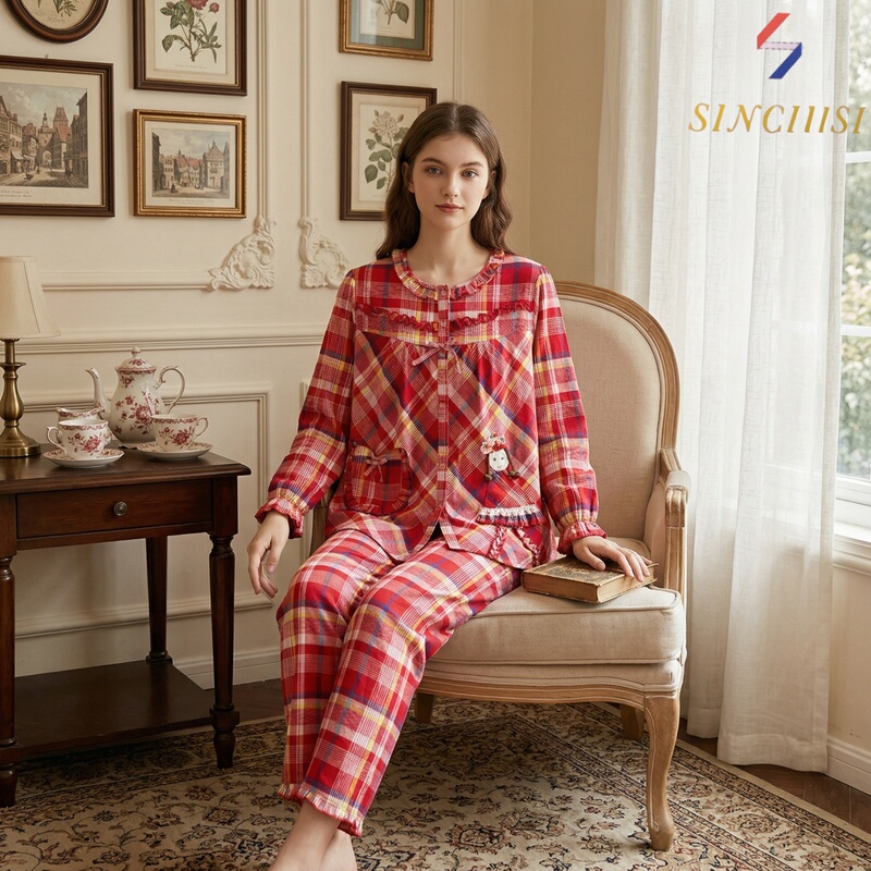 Xinqisi Pure Cotton Round Neck Pajamas for Women, Autumn and Winter Style, Casual and Can Be Worn Outside, Plaid Loungewear Set, Long Sleeves and Long Pants