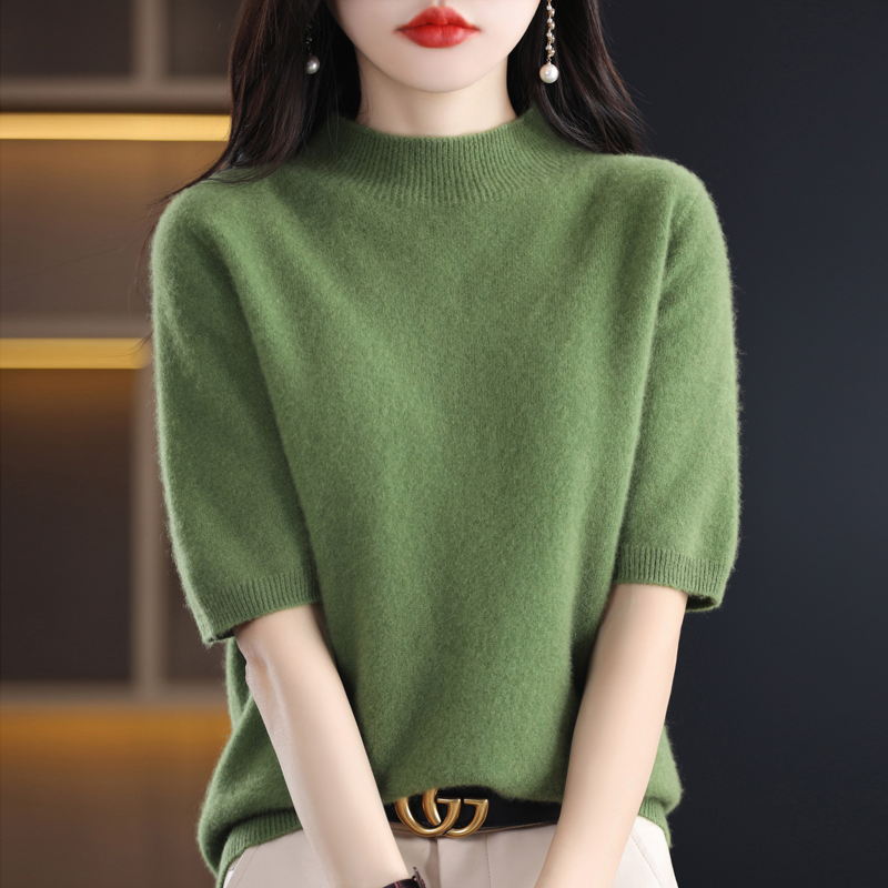 Pure Cashmere Half-Turtleneck Mid-Sleeve Sweater for Women, Spring and Summer 5-Point Short-Sleeve Knit Top, European Style 100% Wool Base Shirt