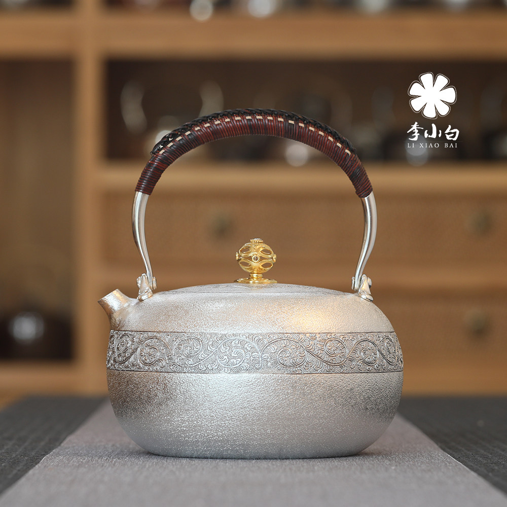 Li Xiaobai pure silver 9999 burnt water silver pot pure silver silver pot master carved silver pot handmade teapot silver pot