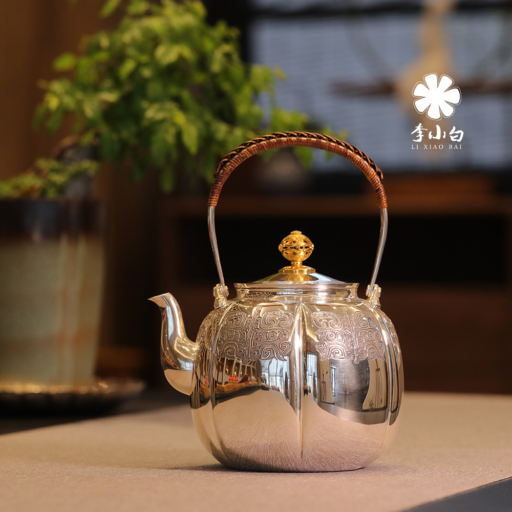 Li Xiaobai pure silver pot 9999 pure hand silver kettle carved with melon-shaped mercury pot