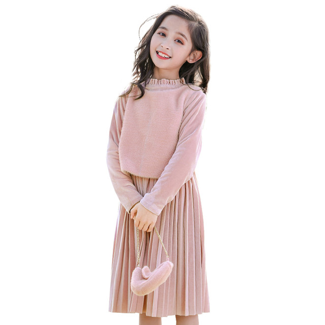 Girls' gold velvet princess dress big children's suit winter dress foreign style 2022 new middle-aged children's autumn and winter children's dress