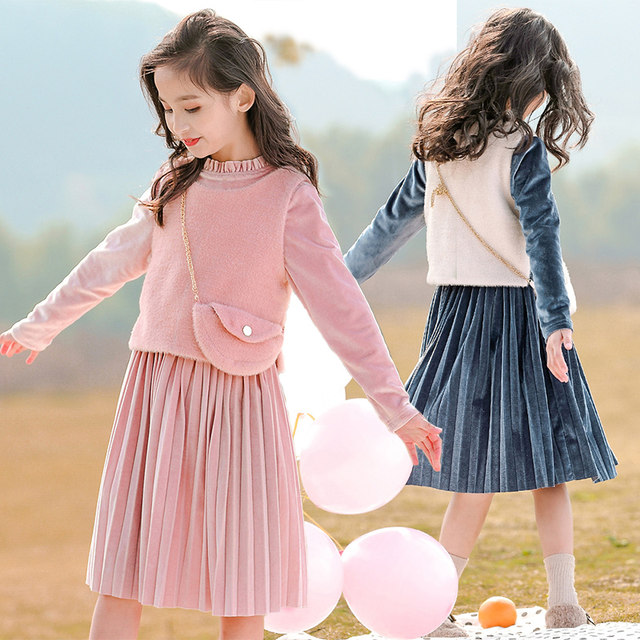 Girls' gold velvet princess dress big children's suit winter dress foreign style 2022 new middle-aged children's autumn and winter children's dress