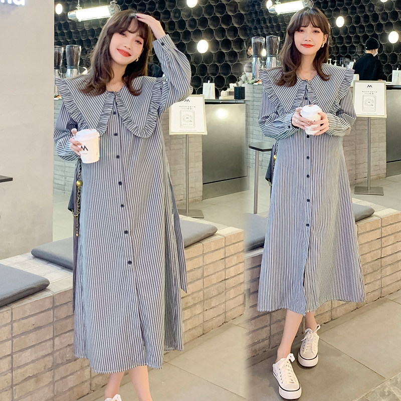Pregnancy Woman Dress Spring Dress New Korean Version of the long version of the striped Ocean dress Large size Loose Display Slim long sleeves Overturning Long Skirt