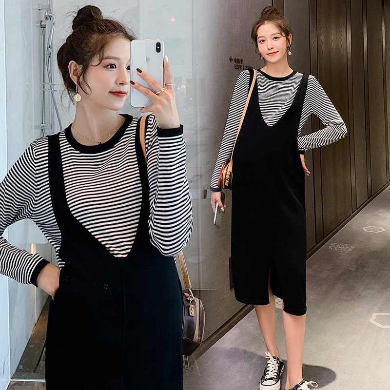 Pregnancy Woman Dress Spring Dress New Korean Version Medium Long Version Striped Ocean Dress Two-piece Suit Spring Large Size Fashion Holding Baby Bag Skirt