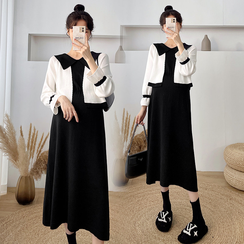 Pregnancy Woman Dress Spring Dress New Korean Version of the Long version of fake two foreign fashion Fashion Tidal Moms Slim Knit Sweatshirt Sweater Dress