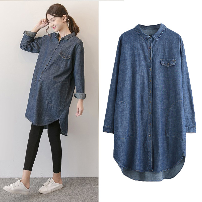 Spring new Korean maternity wear loose thin mid-length dress fat MM shirt foreign denim shirt tide