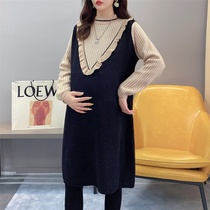 Pregnant womens slim sweater mid-length spring and autumn wear 2024 new fashionable knitted bottoming sweater pregnant mother dress trendy