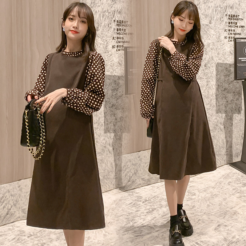 Pregnancy Woman Dress Spring Dress New Korean Version With Long Version Of Polo Dot Long Sleeve Foreign Dress Big Size Easy to Lean Foreign Pie to Bottom Skirt