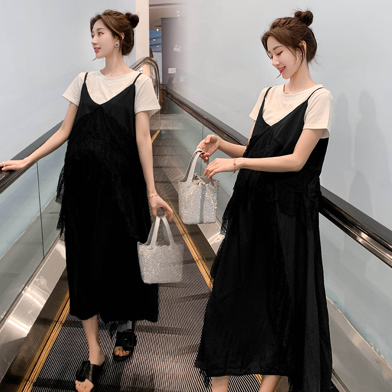 Pregnancy Woman Dress Spring Loaded Korean version of the long version Two-piece dress summer Large size Loose Over Kneecap with Skirt Tide