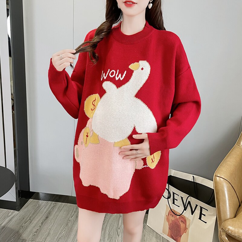 Autumn Winter Dress New Conception Maternity Dress Loose Clothing Foreign Pie Cartoon Knit Blouse Net Red Undershirt Suit