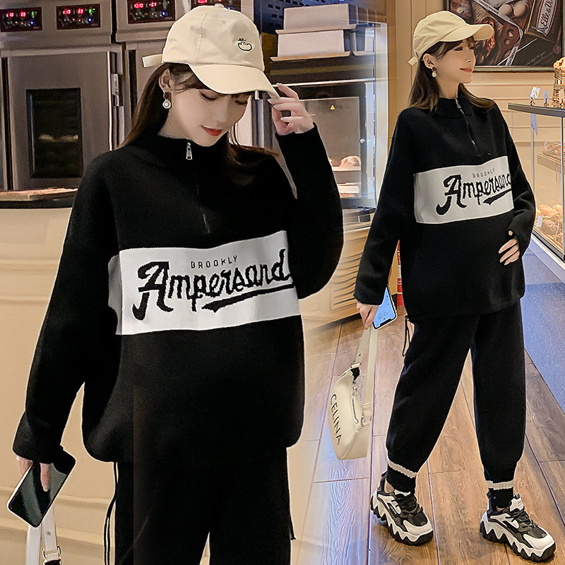 Autumn Winter Dress New Korean Version Gestational Woman Dress Casual Stitch Cardiovert Sweater Blouse Blouse Knitted Grandma Pants Suit