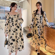 Pregnancy Woman Dress Spring Dress New Korean Edition Long Style Retro Style Dress Foreign Air Square Collar Long Sleeve Over Knee Long Skirt