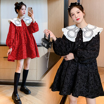 Plus Fattening Yard 200 catty Pregnancy Woman Dress Spring Dress New Korean Version Long Sleeve Dress Dress Fashion style Princess Skirt