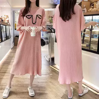 Summer Korean version plus size maternity dress plus fat mid-length dress Fat MM pure cotton over-the-knee skirt 200 bottoming shirt