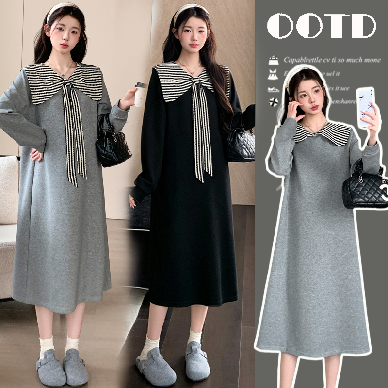 2026 New Autumn Fashion Plus-Size Maternity Wear Loose Slimming Mid-Length Dress Doll Collar Sweatshirt Long Skirt