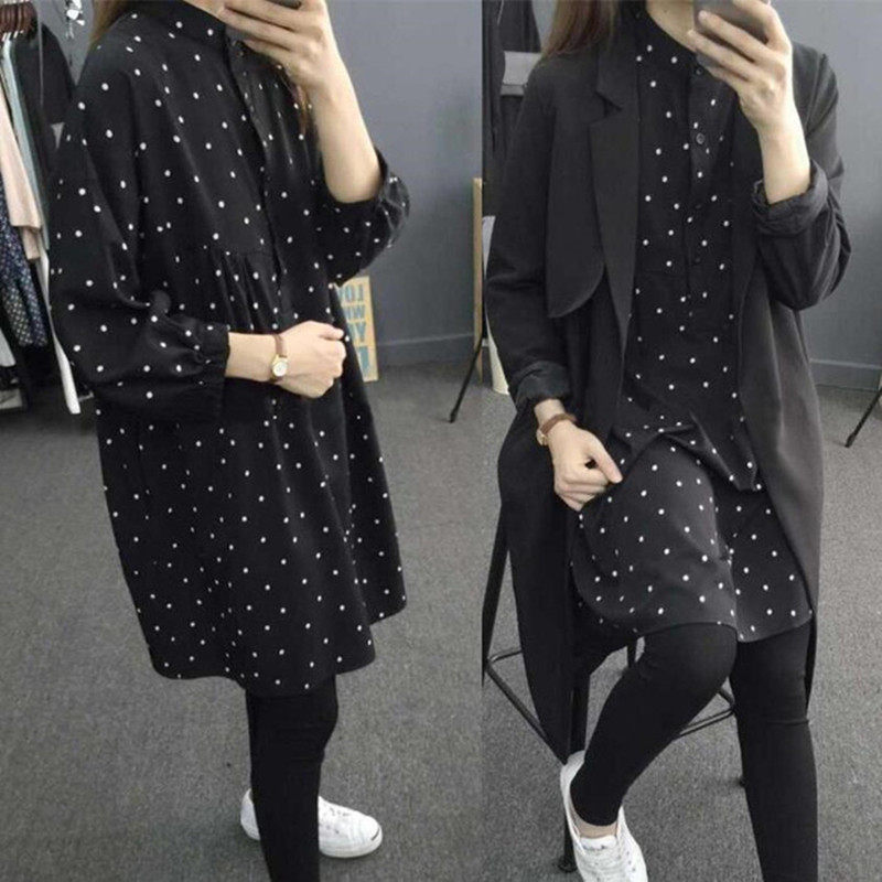 2020 Fall Han pregnant women dress loose wave point long sleeved snow spinning dress shirt long - fold bottom skirt