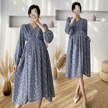 Foreign Air Pregnancy Woman Dress Spring Dress New Korean Version of the Long Paragraph v Pilot Sleet Dress Snowspun Long Sleeve Skirt Tide