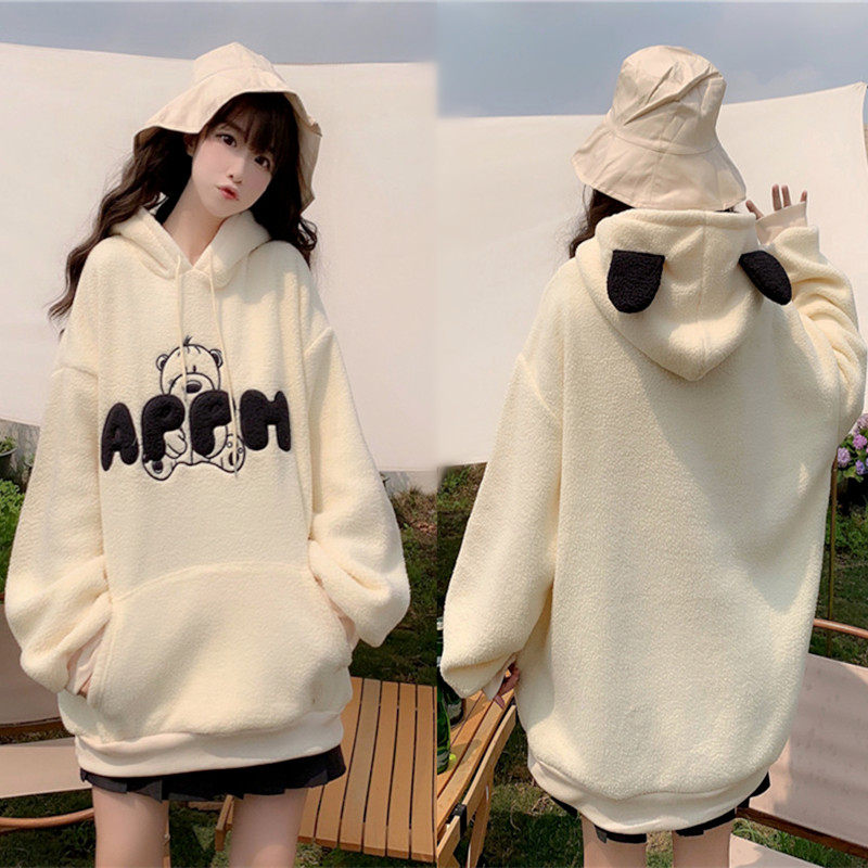 Autumn and winter new Korean maternity dress loose hooded sweatshirt rabbit ear padded coat tide mom wool lamb coat