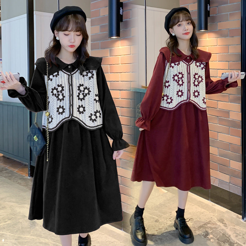 Autumn new Korean version of large size maternity dress sweet two-piece dress retro waistcoat doll skirt fashion suit
