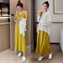 Spring Summer Dress Big Code Gestational Woman Dress slim two-piece dress Dress Stitch Cardiovert Blouse Dress with Skirt Suit Long Skirt