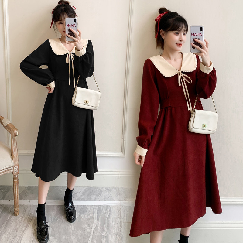 Spring and autumn fitted with new large size gestation maternity dress Slim Long Sleeves Ocean Dress Dolls Collar Fluffy dresses Bottom Skirts