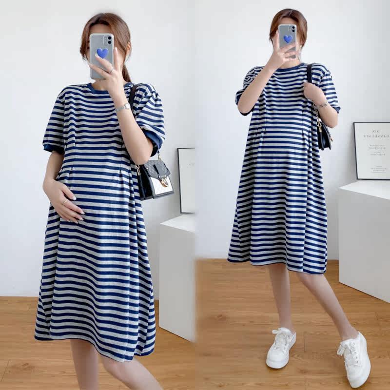 2022 summer loaded with new large size gestation maternity dress with medium length version striped foreign dress short sleeve pure cotton T-shirt dress