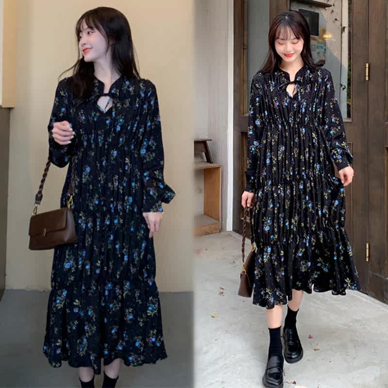 Gfei steps up the code gestation maternity dress Spring installation Korean version with long version of crushed flowers foreign dress Long sleeves 200 catty long dress