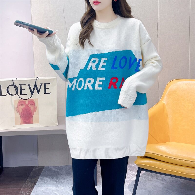 2021 Autumn Winter Dress New Korean Version of Pregnancy Woman Dress Loose in thin medium long version of sweater Alphabet Weasel-knit Clothing