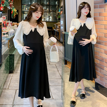 Pregnancy Woman Dress Spring Dress New Korean Version of the Long Fake Two Splicing Snowspun one-piece dress Long sleeves Large size Ocean Gas Skirt