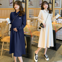 New pregnant woman spring clothing fashion style big code one-piece dress loose polo collar shirt skirt 200 catty long dress