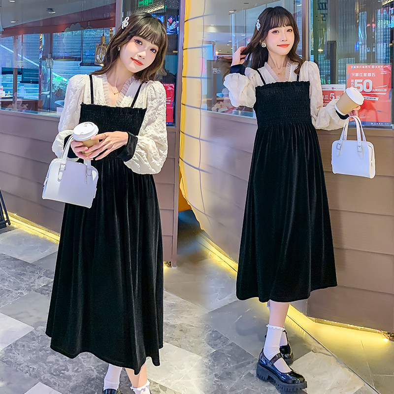 Online Red Gestation Woman Dress 2022 Spring Loaded Korean Version Fake Two Medium Long Prints Large Size Dress Fashion Tide Moms Long Dresses