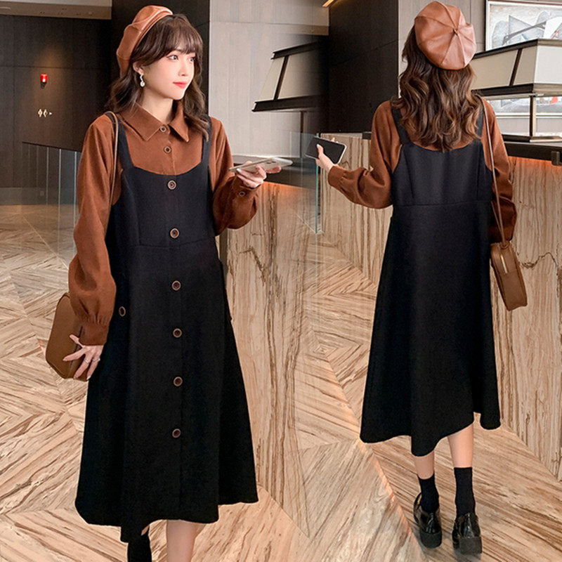 Pregnancy Woman Dress Spring Dress New Korean Version of the Long Edition Fake Two Foreign Dress Large Size Loose and Thin Splicing Long Skirt Tide